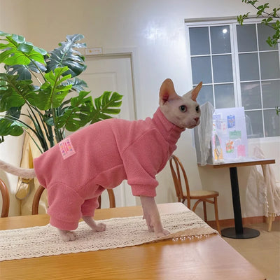 Fleece Sphynx Cat Jumpsuit, 4-Leg Winter Bodysuit in 10 Sizes and 6 Colors