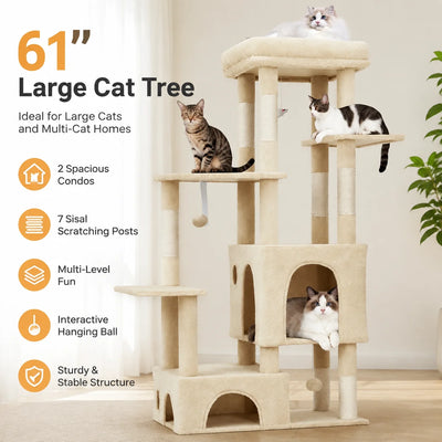 61-Inch Large Cat Tree with 2 Condos and 7 Sisal Posts