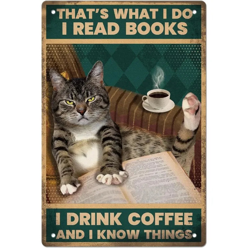 Coffee Cat Tin Sign, Retro Metal Kitchen and Cafe Wall Decor