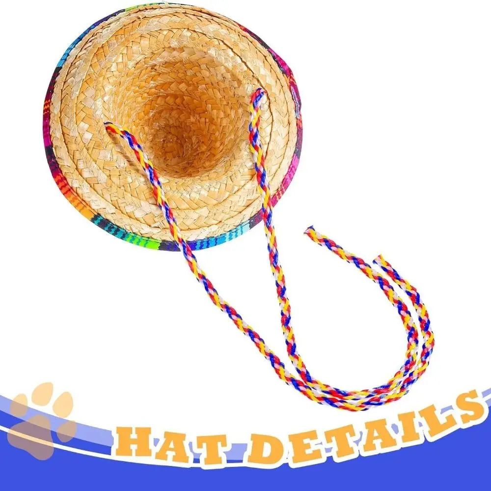 Mini Straw Sombrero for Cats, Woven Fiesta Hat With Colorful Brim