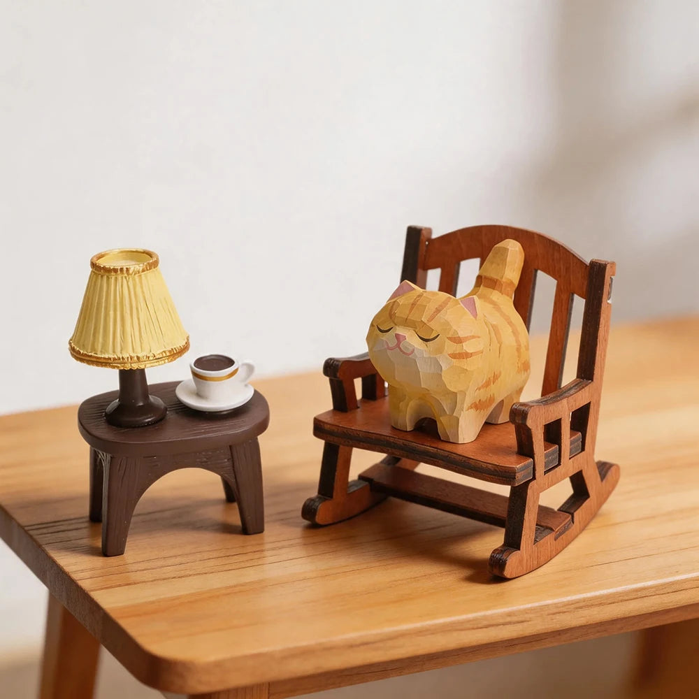 Hand-Carved Wooden Cat Figurine, 8 Breeds in Painted Basswood