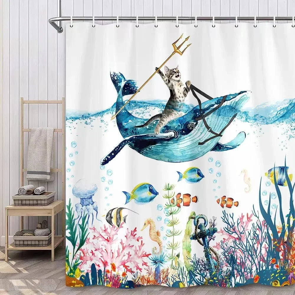 Funny Cat Riding a T-Rex Shower Curtain, Japanese Wave Decor