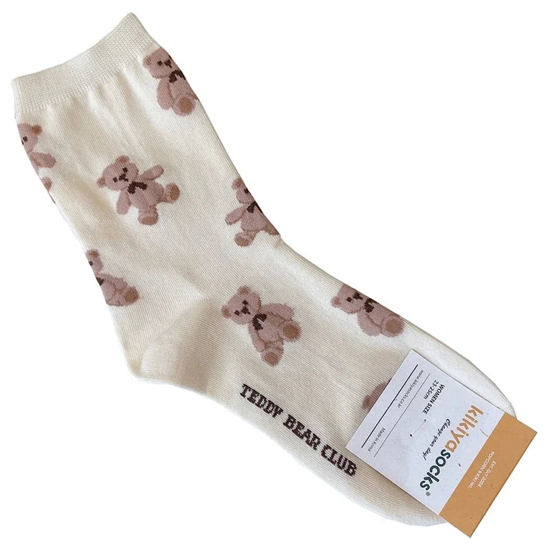 Cute Cartoon Bear Socks for Women, Cotton Blend Ankle Socks