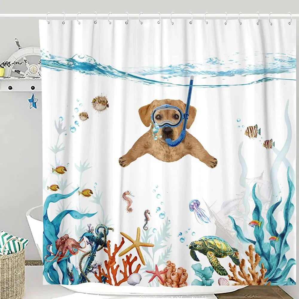 Shark Riding Cat Shower Curtain, Funny Gift for Cat Lovers