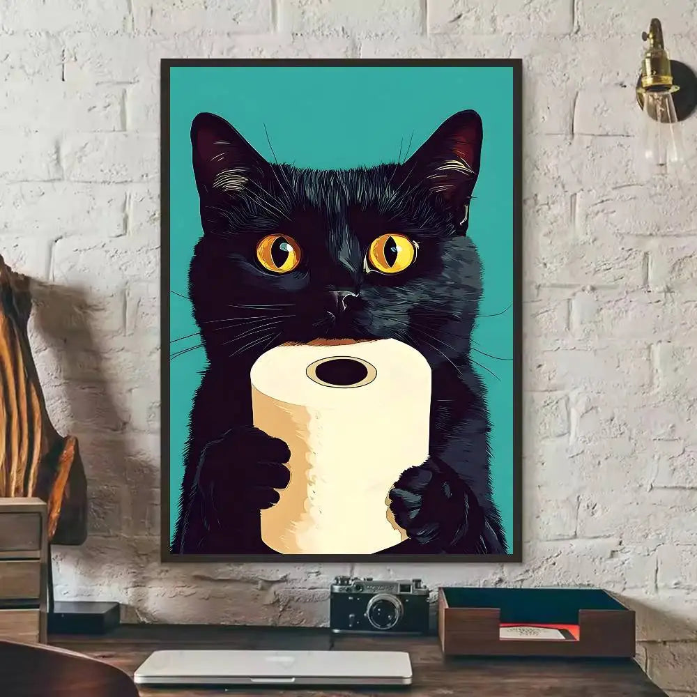 Self-Adhesive Black Cat Poster, Cute Peel and Stick Wall Art