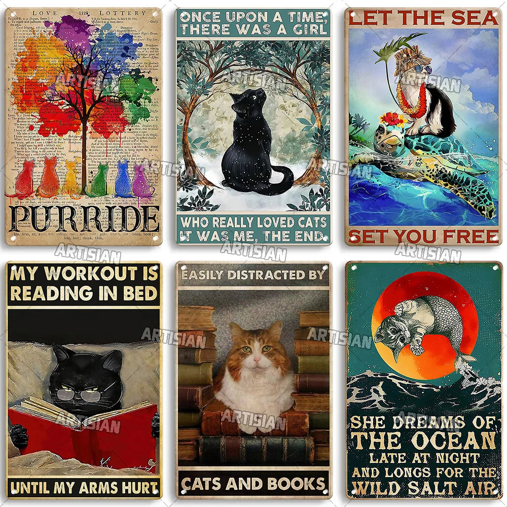 Black Cat Vintage Tin Plate, Horizontal Retro Wall Sign Gift