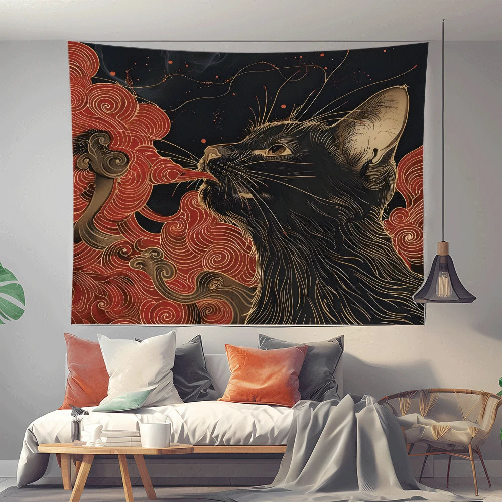Ukiyo-e Cat Tapestry, Japanese Cat Swallowing the Great Wave Wall Hanging