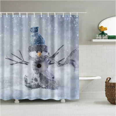 Christmas Shower Curtain with Snowman and Santa, Hooks Included