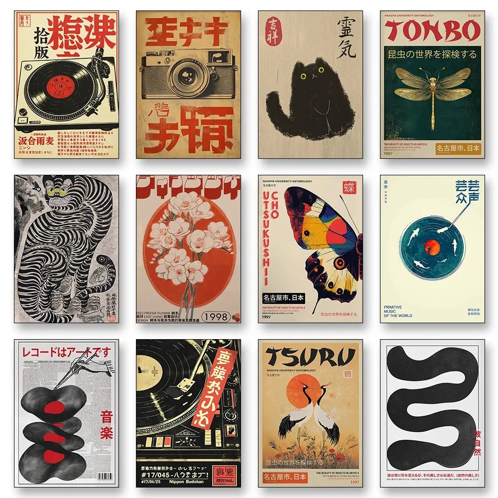 Affiches antiques d’aquarelle de chat japonais