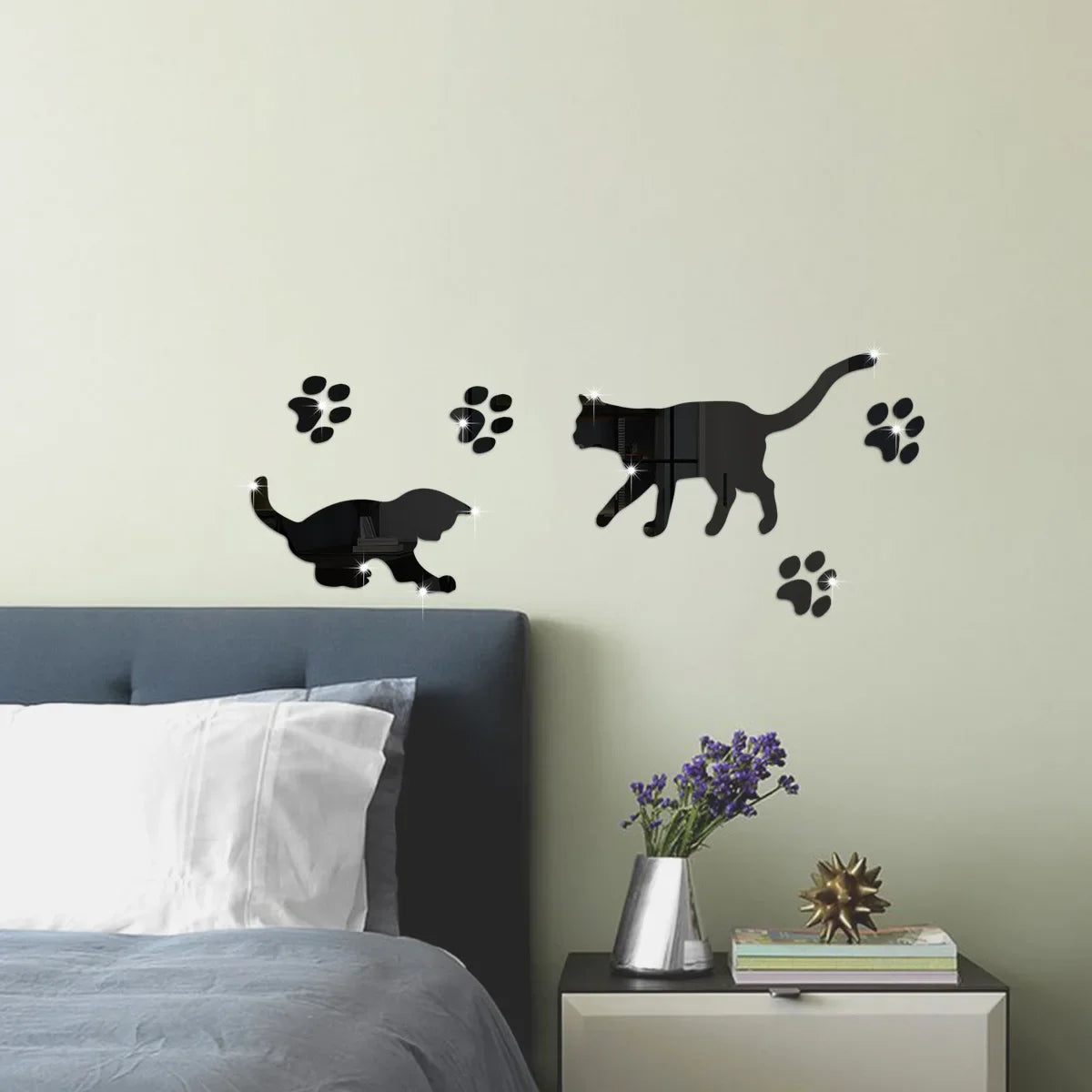 Cat Mirror Wall Stickers, Acrylic Cat Silhouettes with Paw Prints