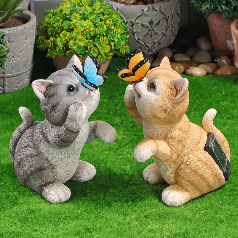 Solar Garden Cat Statue with Butterfly Light, Orange Tabby Kitten