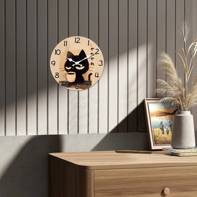 Black Cat Coffee Wall Clock, Sleepy Cat With Coffee Cup Clock