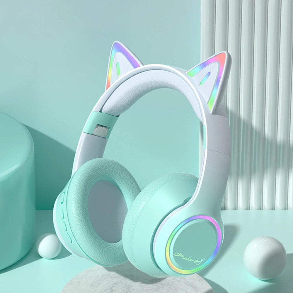 QearFun Cat Wallet Bluetooth Headphones – Cute Cat Ear Wireless Headset with Colorful LED Lights, Mic & Foldable Design
