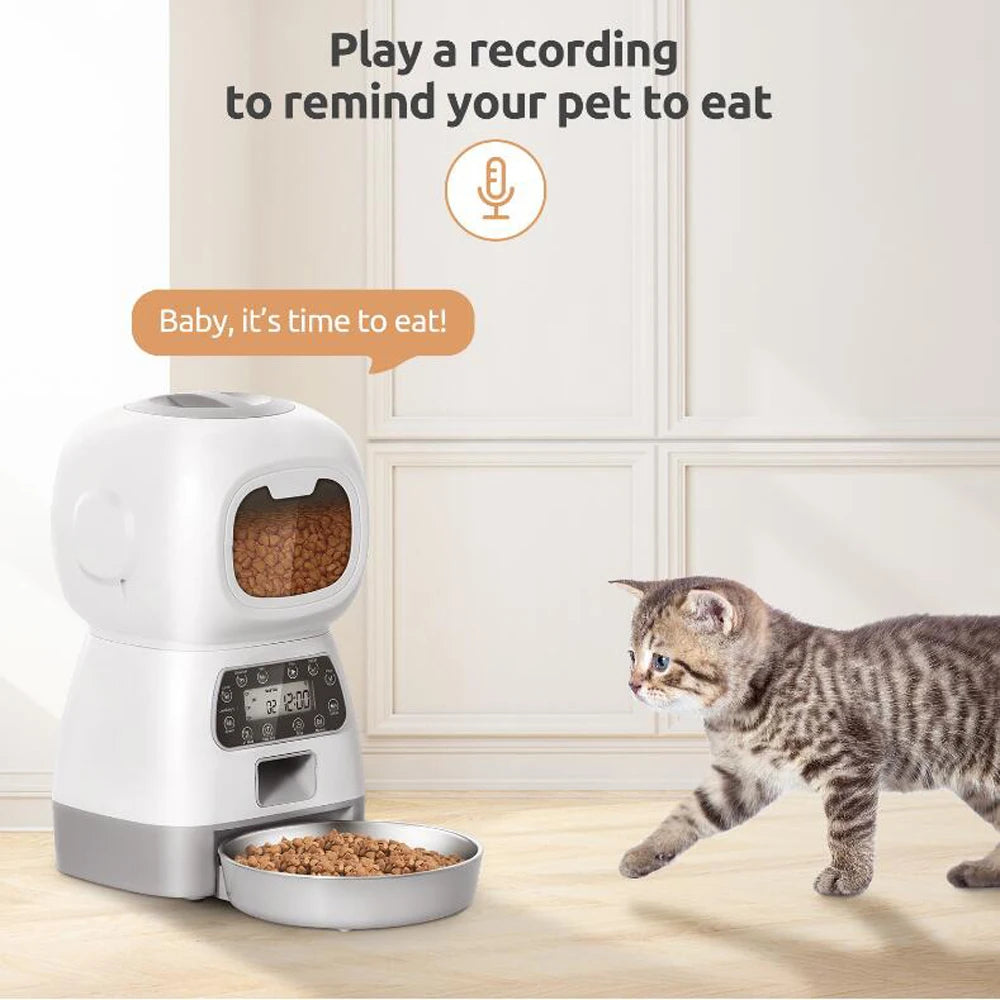 3.5L Automatic Cat Feeder With Timer, Stainless Steel Bowl and Voice Recorder