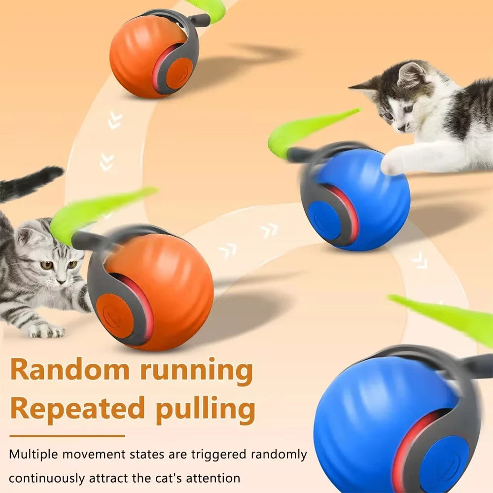 Automatic Rolling Cat Ball With Fuzzy Tail, USB Rechargeable, Blue or Orange