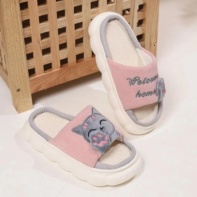Embroidered Cat Slippers with Hemp Insole and Low Platform
