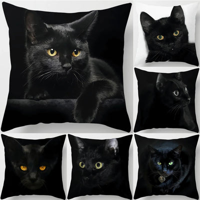 Black Cat Throw Pillow Cover, Short Plush Cushion Case, 4 Sizes