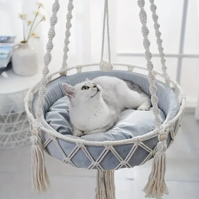 Hanging Macramé Cat Bed Basket with Woven Cotton Rope