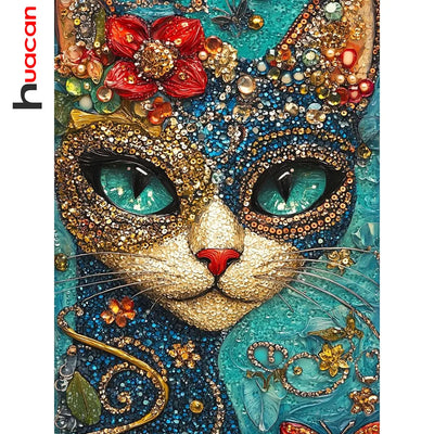 Cat and Flowers Diamond Painting Kit, 5D Full Drill Floral Cat Art