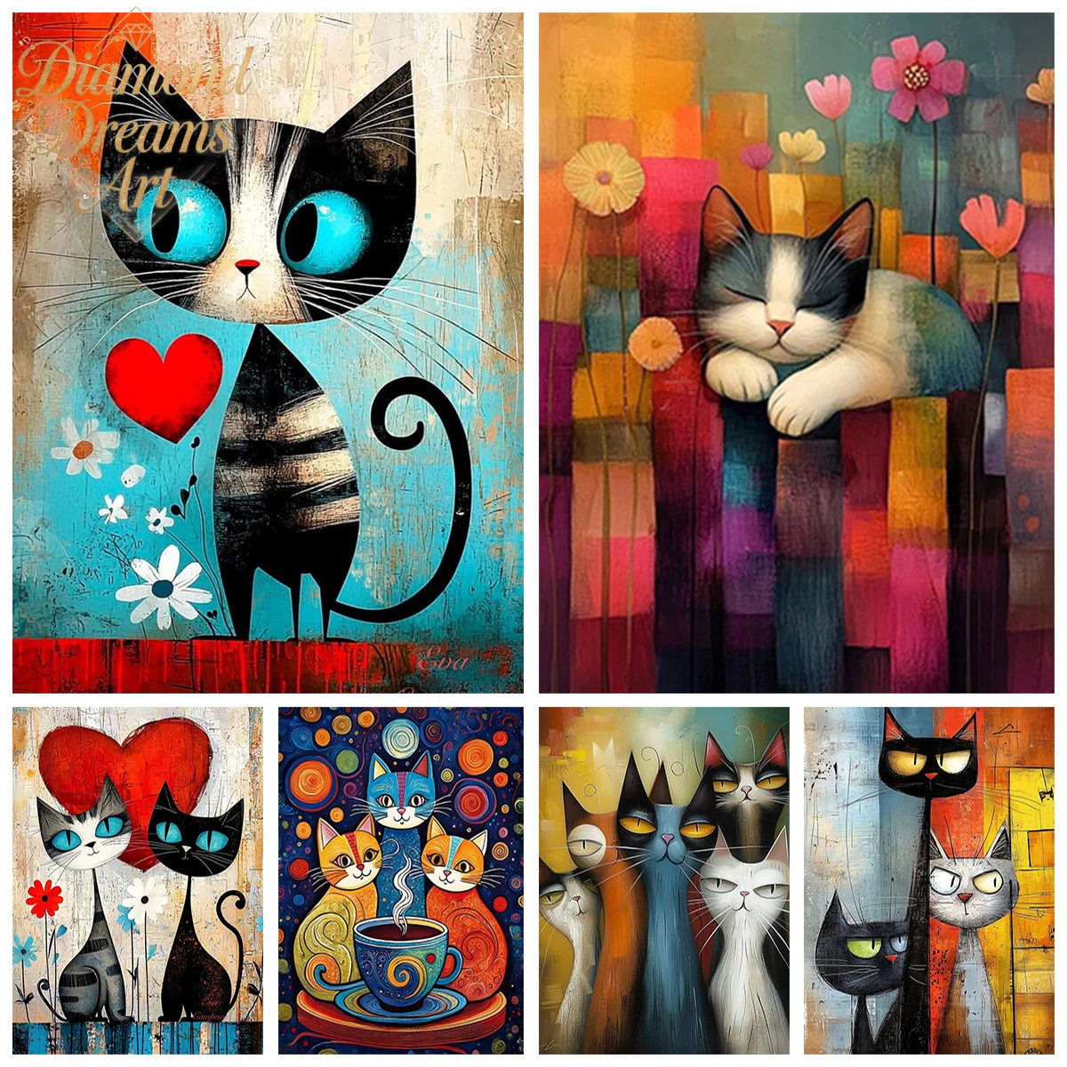 Geometric Cat Diamond Painting Kit, 5D Round Drill Wall Art