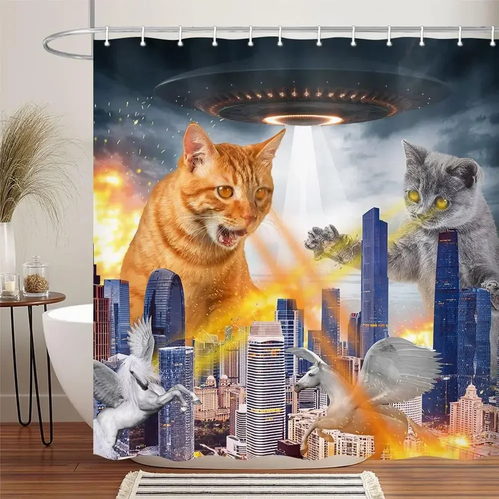 Cute Cat and Dinosaur Shower Curtain with 12 Hooks Included