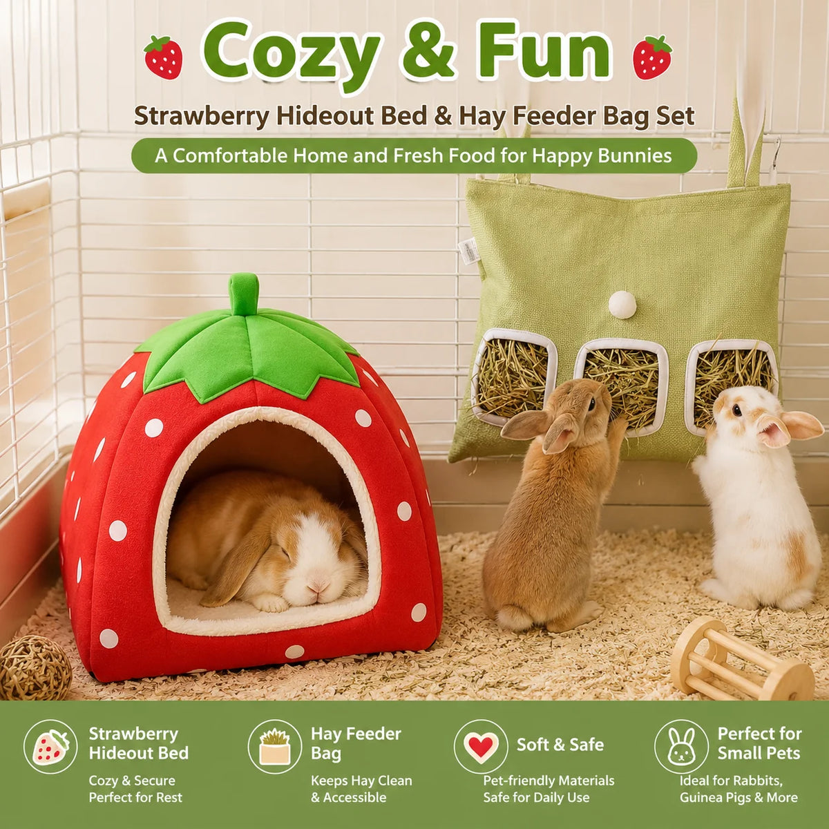 Strawberry Rabbit Bed and Hanging Hay Feeder Bag Set