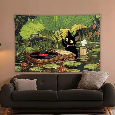 Black Cat Retro Anime Tapestry for Bedroom Headboard Wall