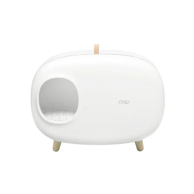 Mochi Shaped Enclosed Cat Litter Box, Rounded Covered Litter Box on Wooden Legs