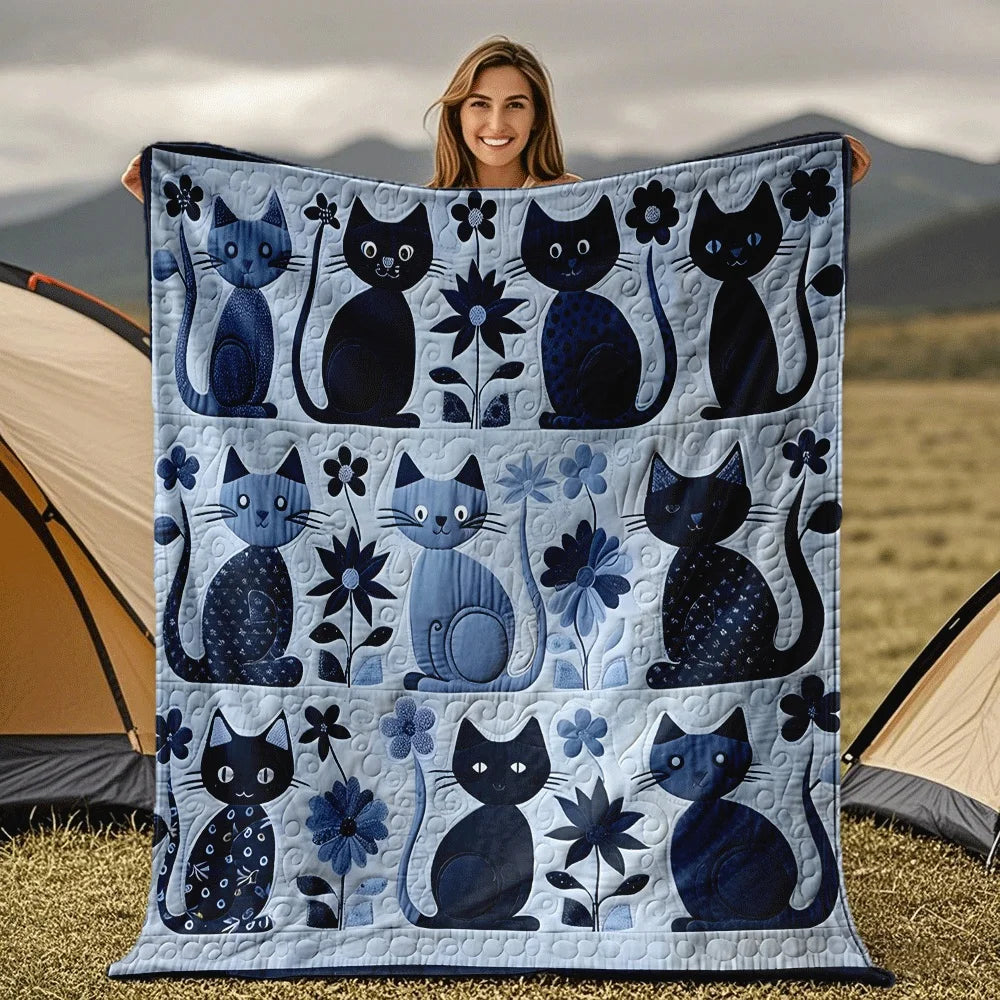 Blue Cat Floral Patchwork Flannel Throw Blanket