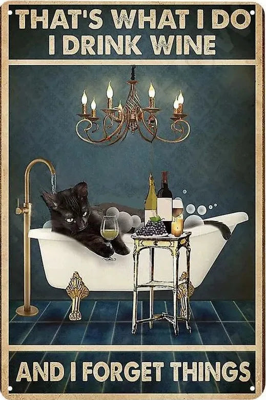 Cats and Wine Vintage Metal Sign, 8 x 12 Inch Bar Wall Decor