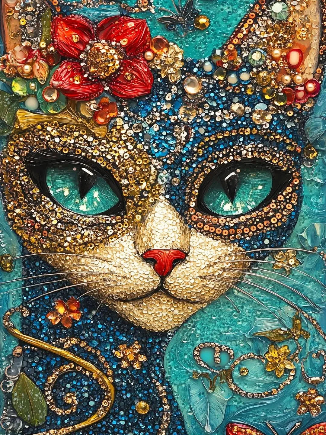 Cat and Flowers Diamond Painting Kit, 5D Full Drill Floral Cat Art