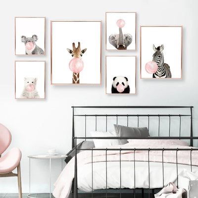 Pink Bubble Gum Safari Animal Poster, Giraffe and Zebra Canvas