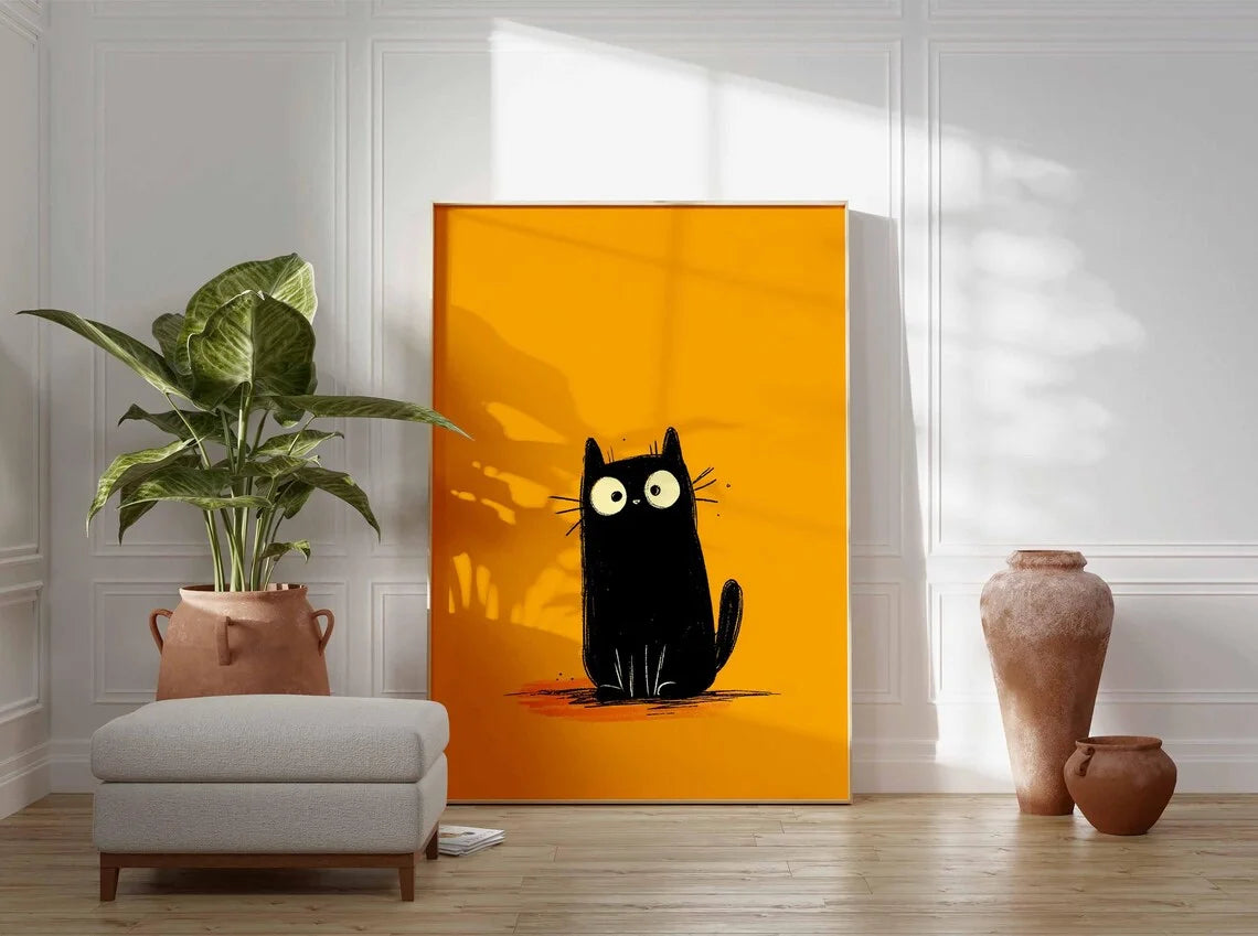 Black Cat Poster on Bold Orange, Funny Minimalist Cat Art Print