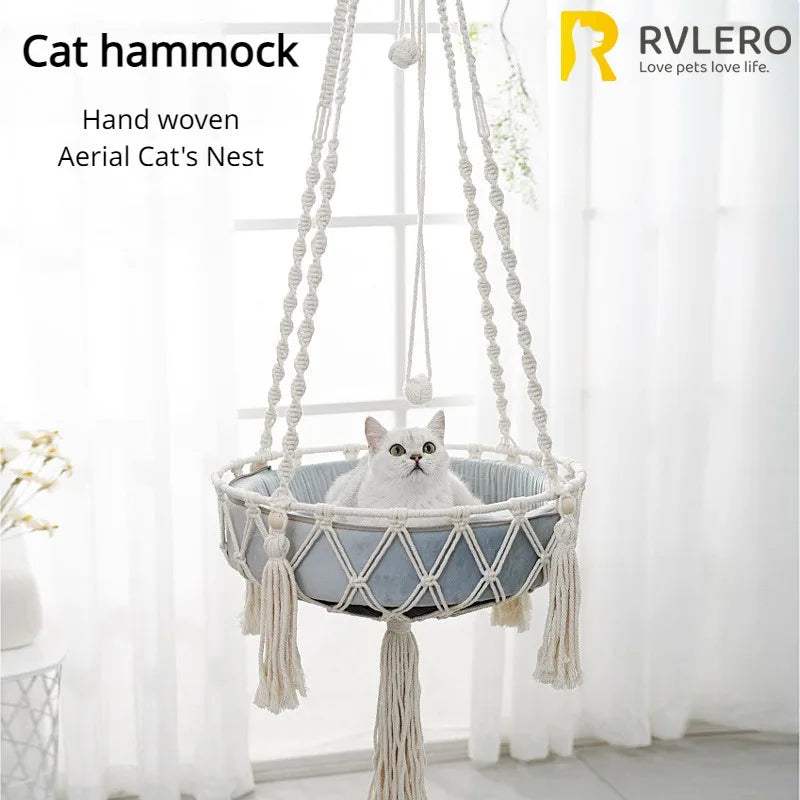 Handwoven Cotton Rope Cat Hammock Swing with Cushion