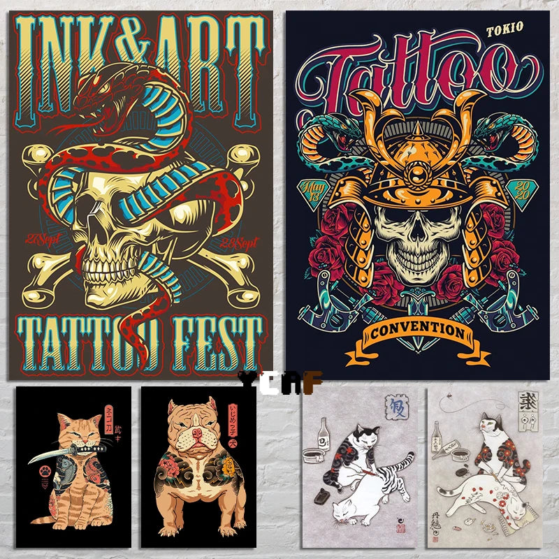 Tattoo Cats Canvas Print, Vintage Tattoo Parlor Cat Wall Art