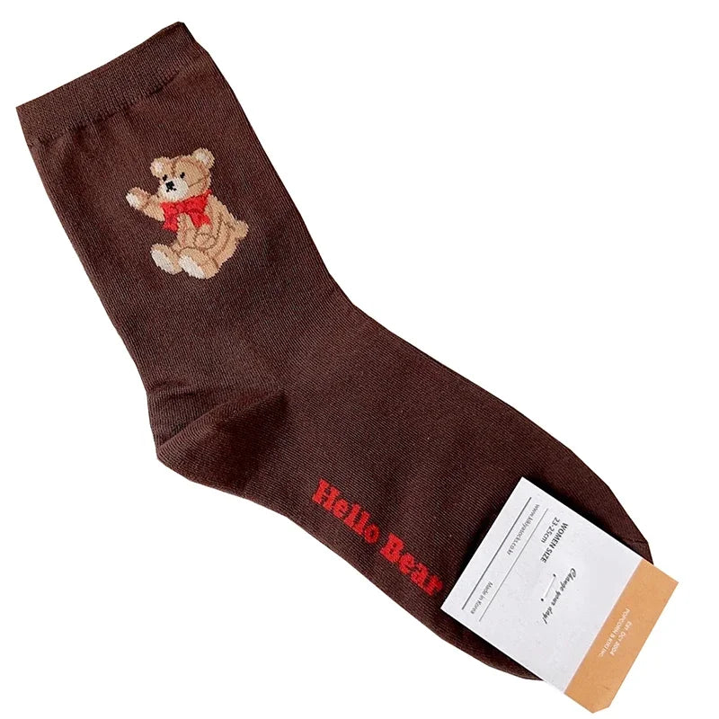Cute Cartoon Bear Socks for Women, Cotton Blend Ankle Socks
