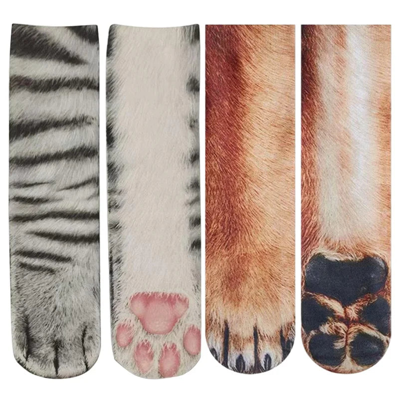 Funny 3D Cat Paw Socks, Printed Animal Paw Crew Socks