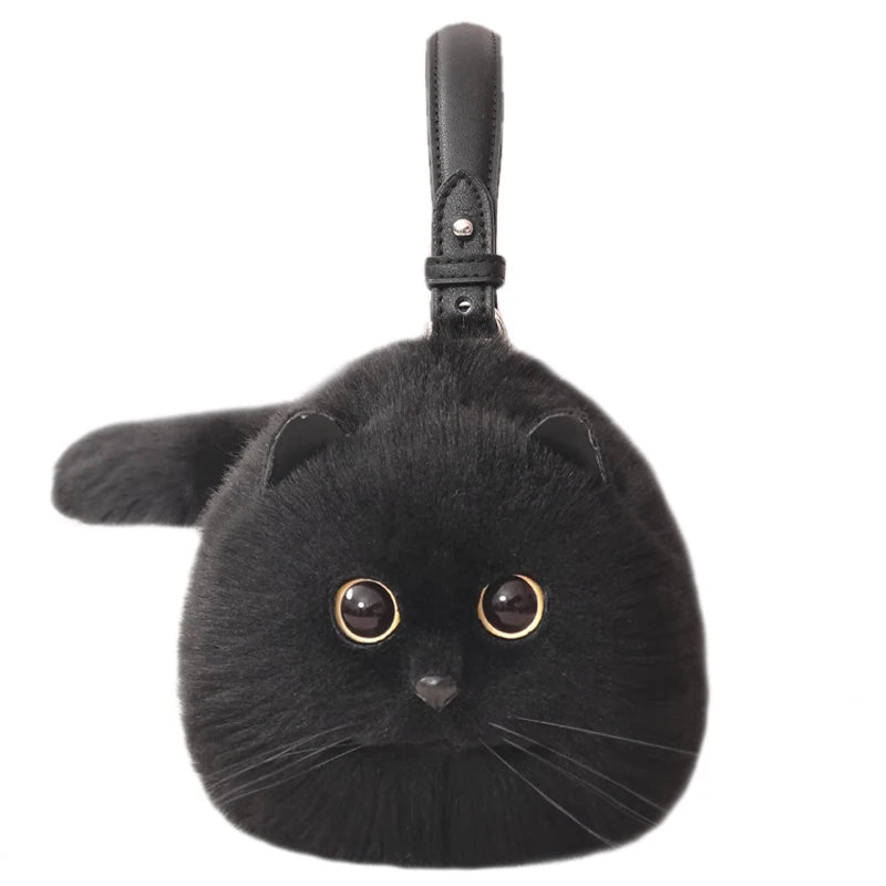 Fluffy Black Cat Handbag with Golden Eyes and Plush Tail