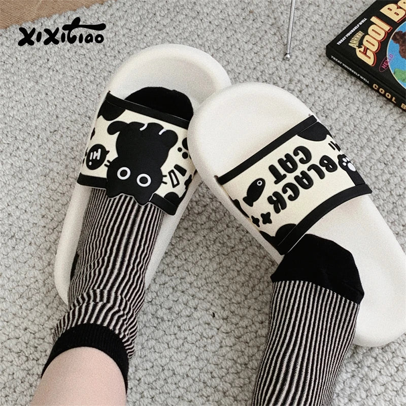 Black Cat Shower Slides for Women, Thick Cushioned EVA Sole
