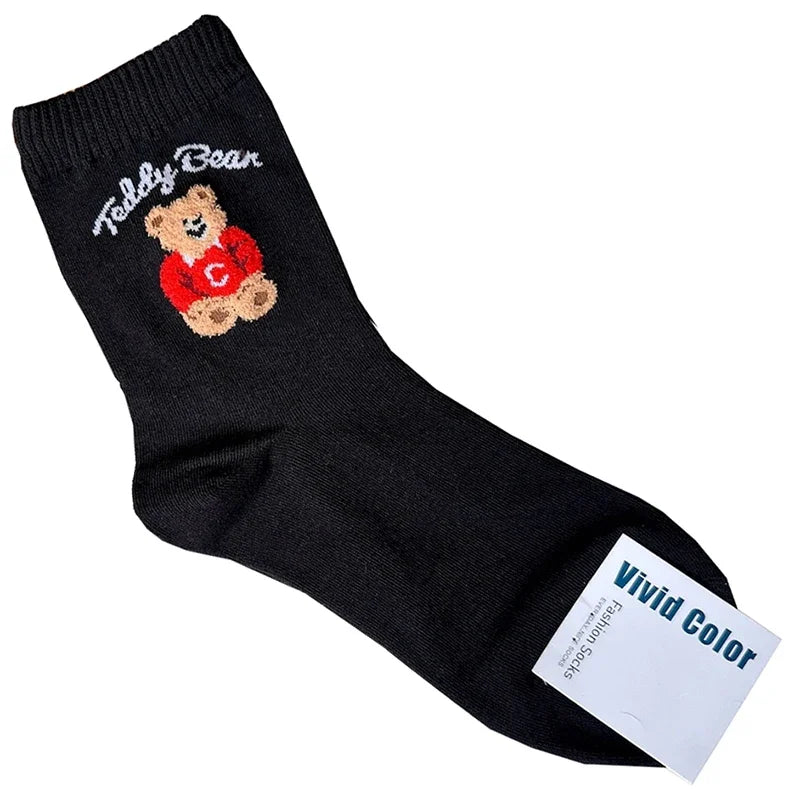 Cute Cartoon Bear Socks for Women, Cotton Blend Ankle Socks