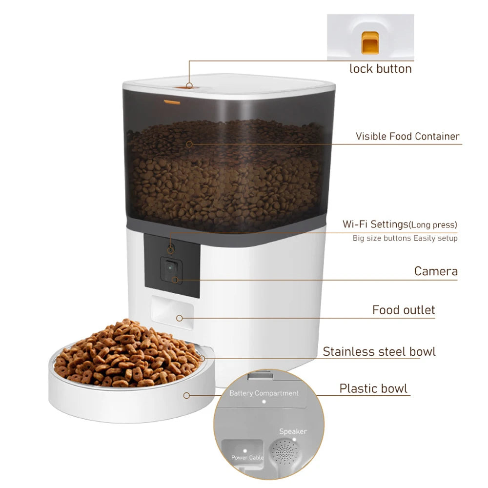 Automatic Cat Feeder With HD Camera and Two Stainless Steel Bowls, 4 L Capacity
