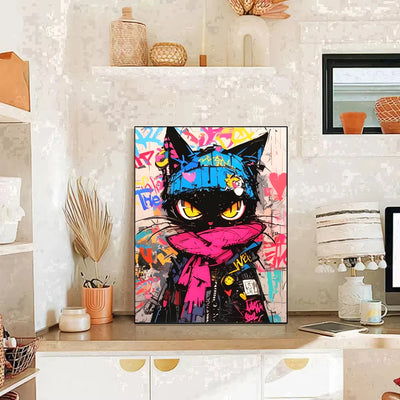 Rebellious Cat Diamond Painting Kit, Graffiti-Style 5D Full Drill Art