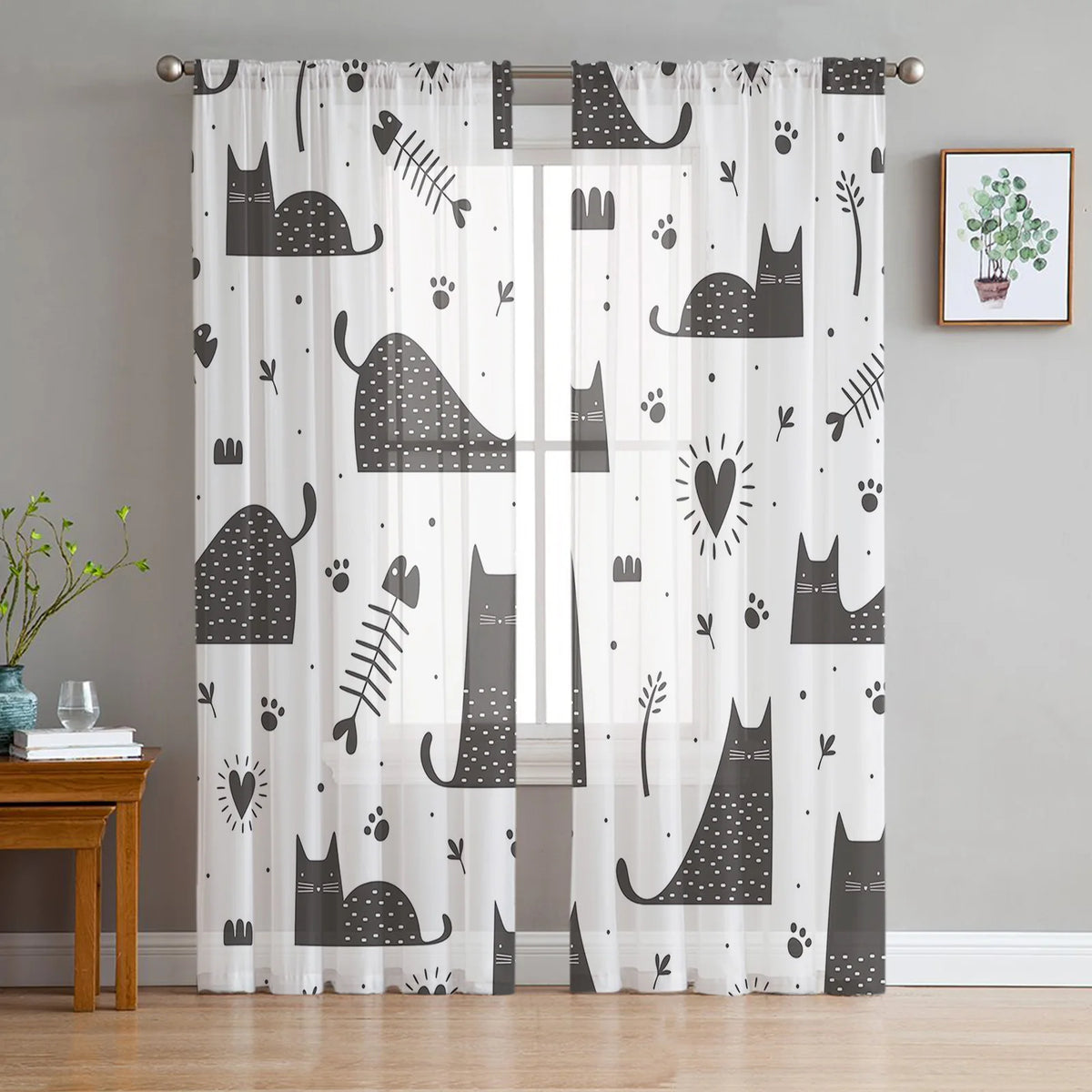 Cartoon Cat Sheer Curtains, Printed Voile Window Panels Set of 2