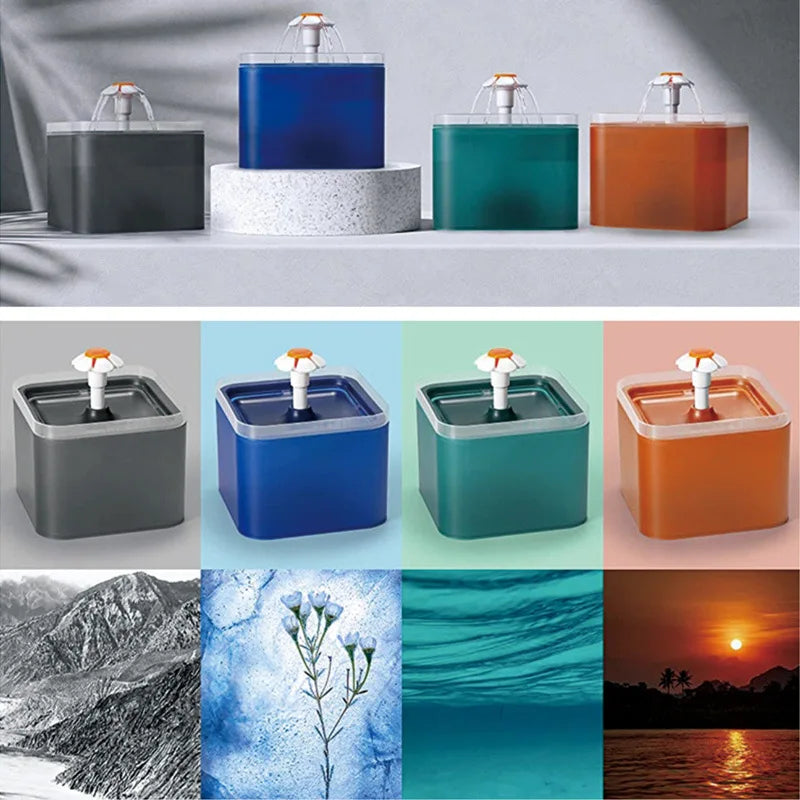 2L Cat Water Fountain With LED Light, Square Blue Fountain With Flower Spout