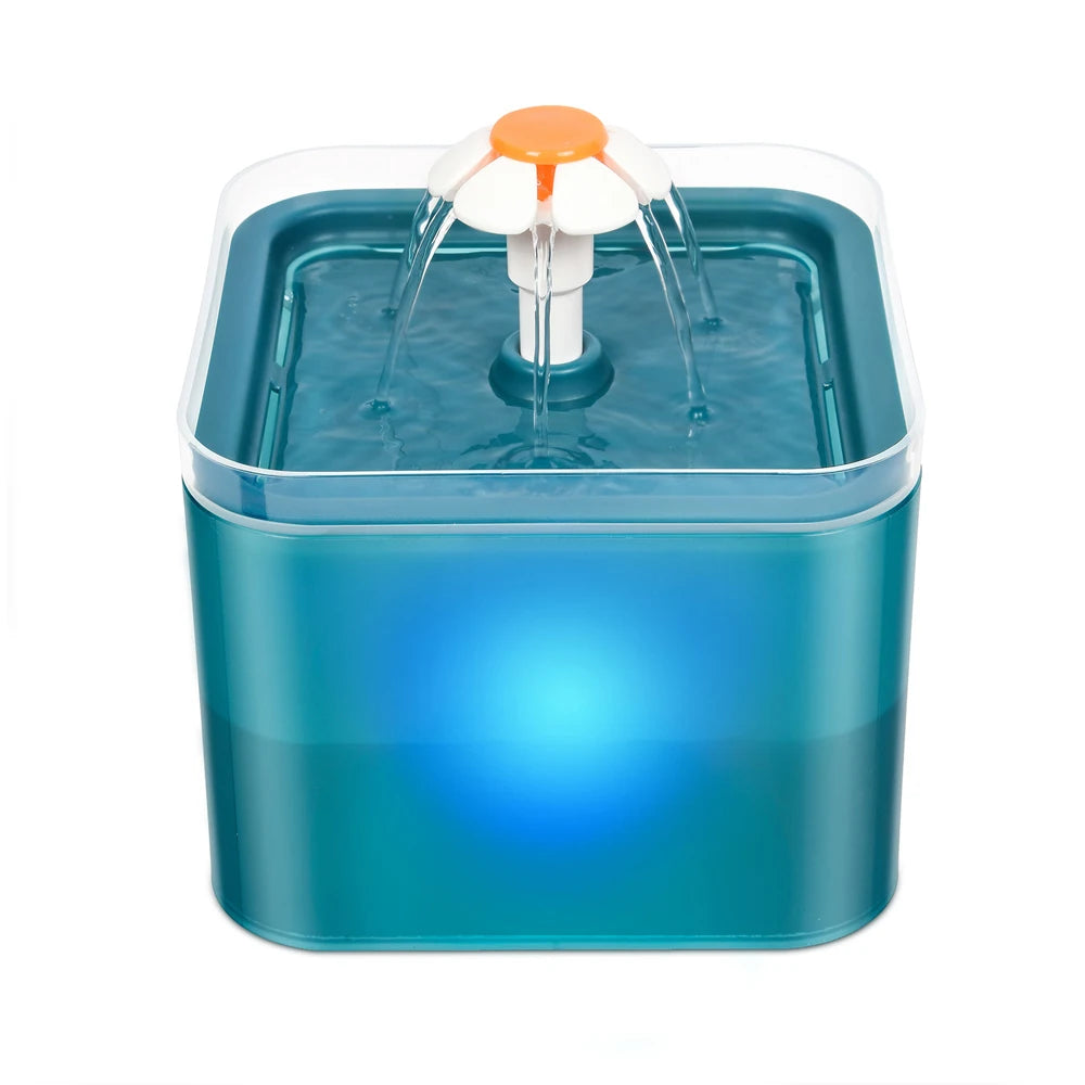 2L Cat Water Fountain With LED Light, Square Blue Fountain With Flower Spout