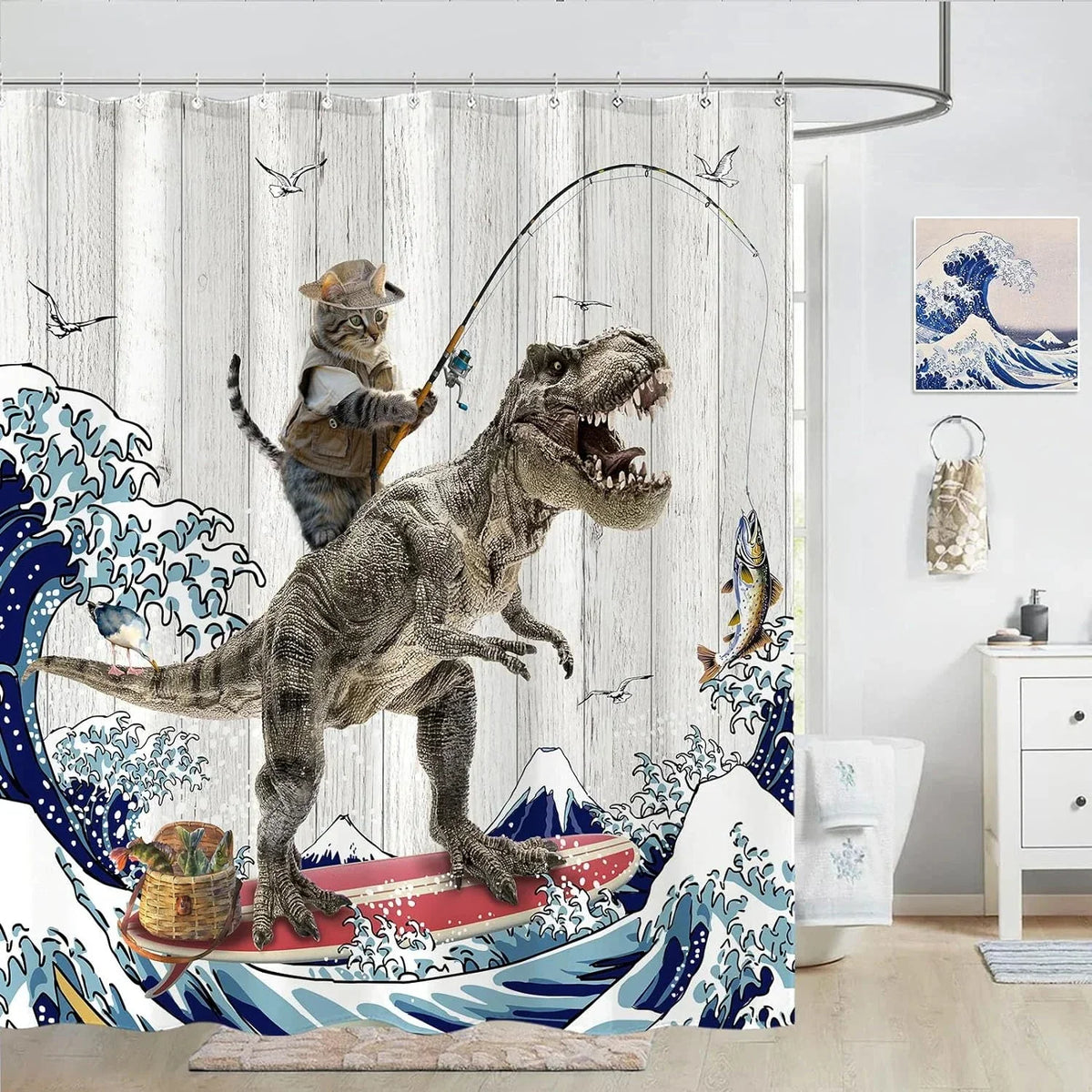 Cute Cat and Dinosaur Shower Curtain with 12 Hooks Included