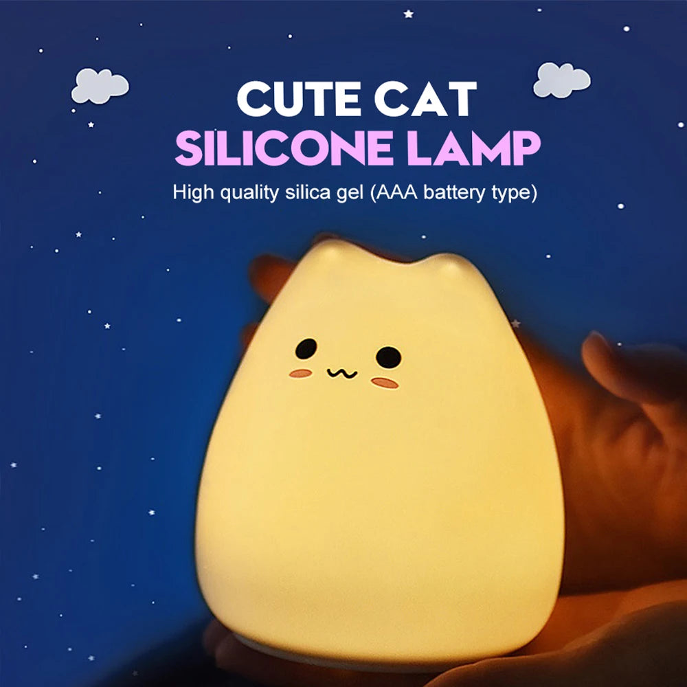 Silicone Cat Night Light, Tap-to-Change 7-Color and Warm White Lamp