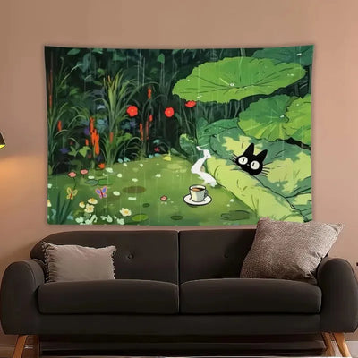 Black Cat Retro Anime Tapestry for Bedroom Headboard Wall