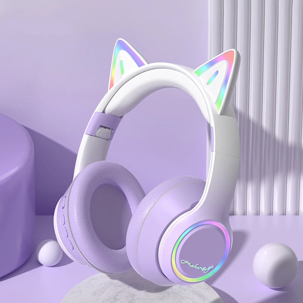 QearFun Cat Wallet Bluetooth Headphones – Cute Cat Ear Wireless Headset with Colorful LED Lights, Mic & Foldable Design