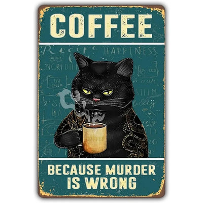 Coffee Cat Tin Sign, Retro Metal Kitchen and Cafe Wall Decor